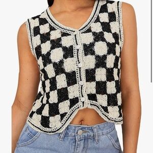 Checkered Crochet Button-Up Vest Top